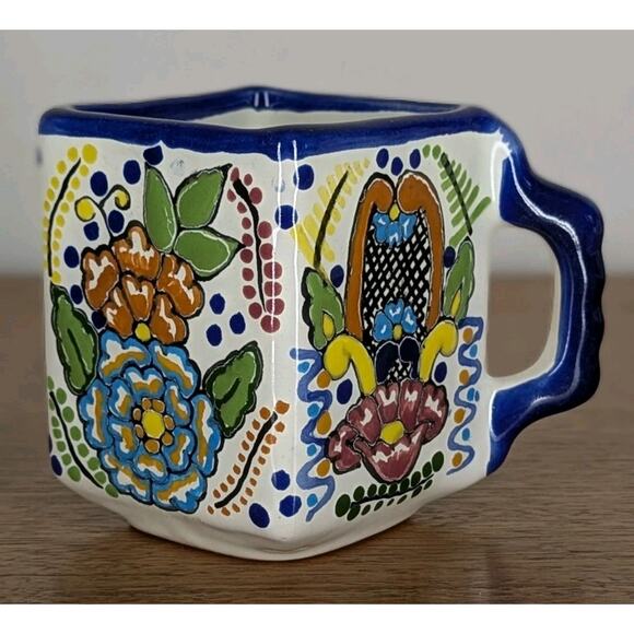 Talavera Mexican Pottery Hand Painted Blue Floral Square Coffee Mug Cup 4" Tall - Picture 1 of 9